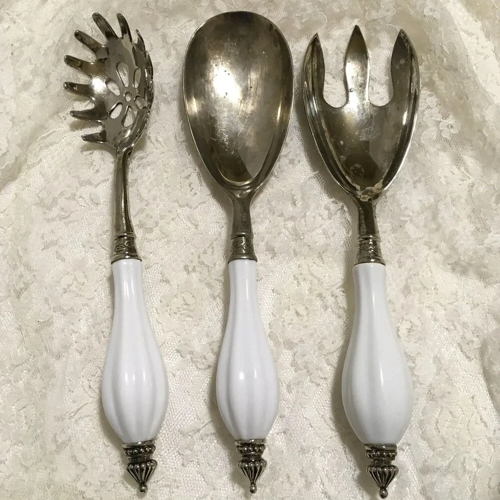 Vintage Godinger Serving Utensils Set White Porcelain Handles Serve ware